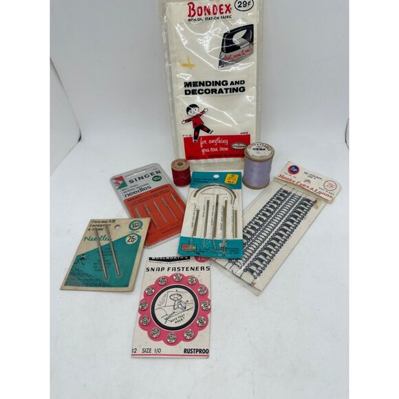 Vintage Sewing Notions Lot Needles Hooks Snap Fasteners Threads - Picture 1 of 10